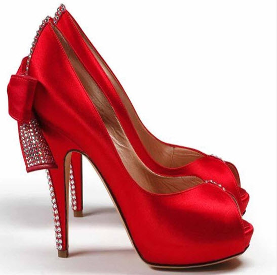 Red Designer Bridal Shoes, Sizzler Red Satin Embellished